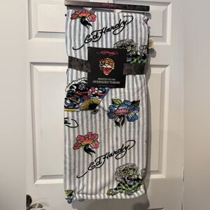 Ed Hardy Japanese Oriental Lion & Lilies Baby Blue Striped Blanket